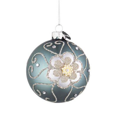 Palla di natale in vetro avio con medaglietta - Floret - Decorazione natalizia sfera di natale Floret realizzata in vetro co
