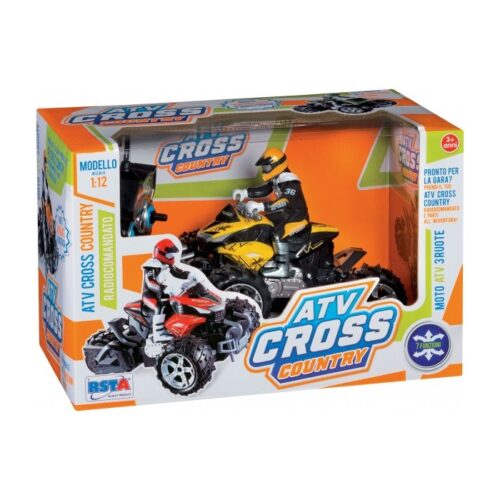 MOTO ATV CROSS - Moto ATV 3 ruote artigliate, radiocomando a 7 funzioni. Modello in scala 1:12. Dimensioni: 34x22x18 cm. Col