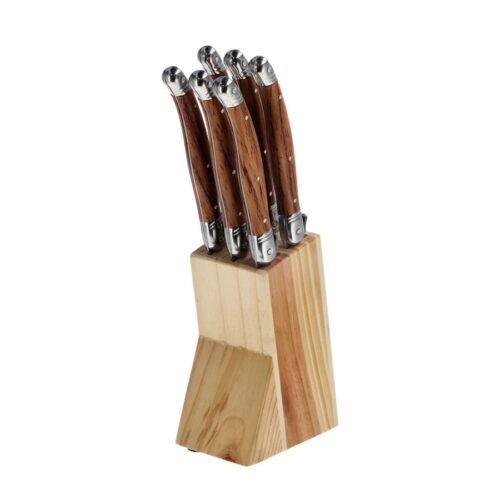 SET 6 COLTELLI IN ACCIAIO CON CEPPO - Set da 6 coltelli in acciaio da 23 cm, con ceppo realizzato in legno color naturale.