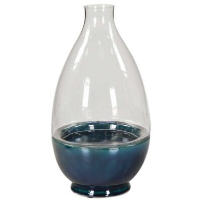 VASO CIOTOLA CON VETRO ALTO - Vaso ciotola realizzato in vetro trasparente/blu in stile contemporaneo. Dimensioni: 20x38h cm.
