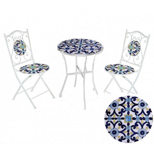 TAVOLO MOSAICO METALLO SORRENTO TONDO CON DUE SEDIE - Tavolo tondo in metallo con mosaico e due sedie Brindisi, è un tavolo