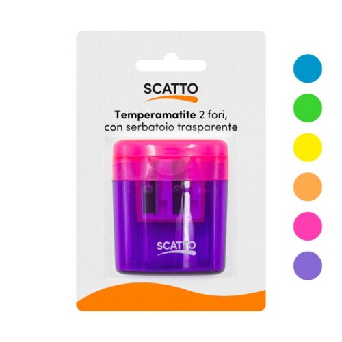 Temperamatite 2 fori colorato - Temperamatite a 2 fori con contenitore trasparente e colorato in colori assortiti.
