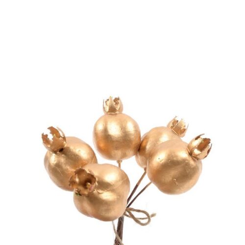 Mazzetto con 5 melograni dorati per decorazione - Mazzetto decorativo con 5 melograni color oro realizzato in polistirolo, 4
