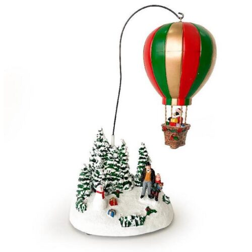 Paesaggio natalizio con mongolfiera musica luci e movimento - Paesaggio naturale decorativo con mongolfiera, musica, luci e