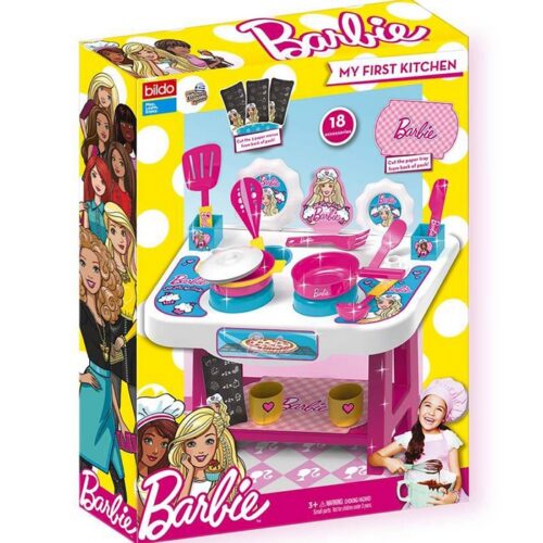 Cucina piccola Barbie - My First Kitchen include coltello, forchetta, cucchiaio, 3 accessori da cucina (mestolo, frullatore,