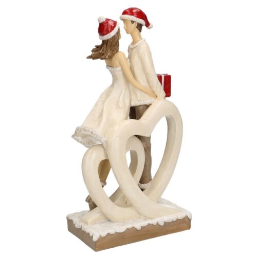STATUA RESINA BIANCO COPPIACM14X8H27 - Statuetta coppia natalizia con regali e cappelli di babbo natale.Ottimo accessorio da