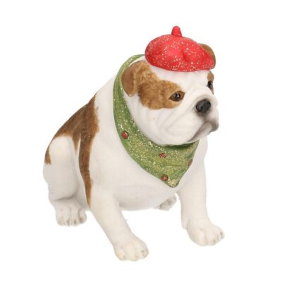 Decorazione natalizia cane bulldog con cappello - Cane bulldog decorativo con cappello natalizio realizzato in resina. Prodo