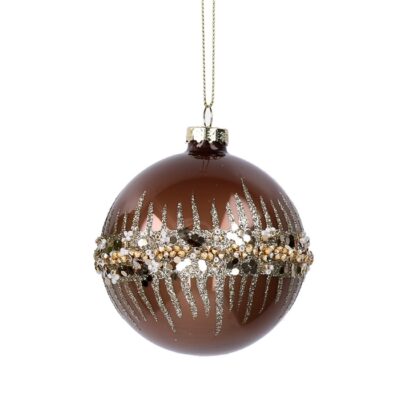 Palla di Natale in vetro con brillantino marrone - Sfera natalizia realizzata in vetro con brillantini luminosi. Accessorio