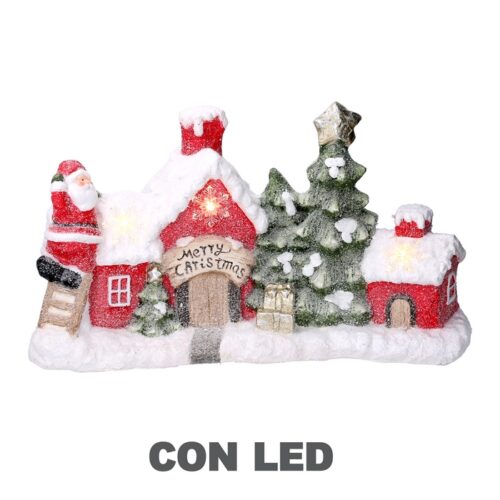Casetta di Babbo Natale con LED - Casetta di babbo natale decorativa realizzata in resina. Presenta luci a LED e decorazioni