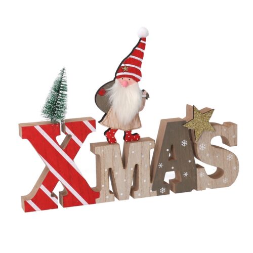 Scritta natalizia XMAS con gnomo - Scritta natalizia con gnomo realizzato in legno per decorare la tua casa.Accessorio ideal