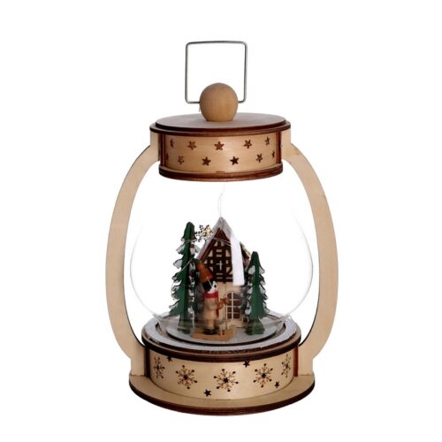 Lanterna natalizia con palla di vetro e LED - Lanterna natalizia con palla di vetro realizzata in legno naturale. Sono prese