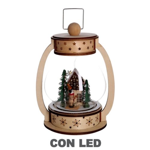 Lanterna natalizia con palla di vetro e LED - Lanterna natalizia con palla di vetro realizzata in legno naturale. Sono prese
