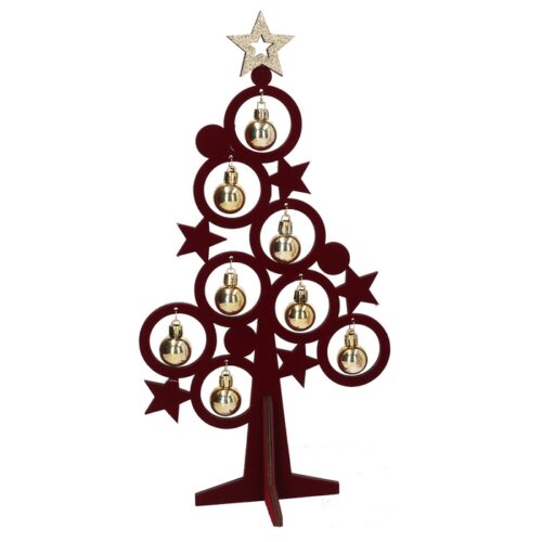 Albero di Natale in legno rosso con campanelli - Albero di natale realizzato in legno con campanelli decorativi e una fantas