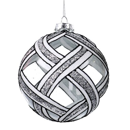 Palla di Natale in vetro argento con glitter - Palla di natale realizzata in vetro con decorazioni. Accessorio ideale per al