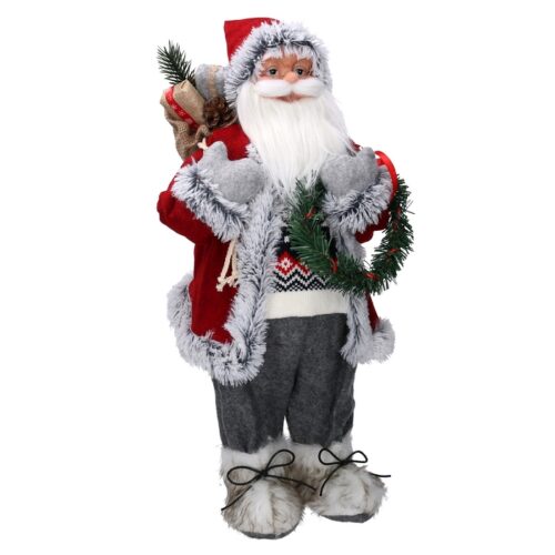 Statua Babbo Natale con regali e decorazioni rosso e grigio - Babbo natale con regali, ghirlanda e altre decorazioni. Prodot