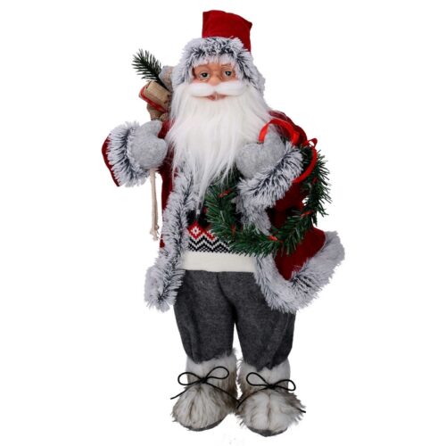 Statua Babbo Natale con regali e decorazioni rosso e grigio - Babbo natale con regali, ghirlanda e altre decorazioni. Prodot