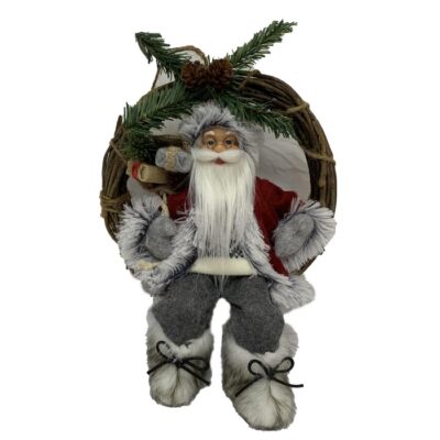 Babbo Natale con ghirlanda rosso e grigio - Babbo natale con ghirlanda e altre decorazioni. Prodotto realizzato in tessuto.