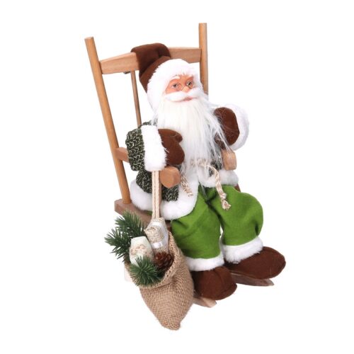 Statua Babbo Natale sulla sedia - Babbo natale seduto con regali e decorazioni. Prodotto realizzato in tessuto. Colore verde
