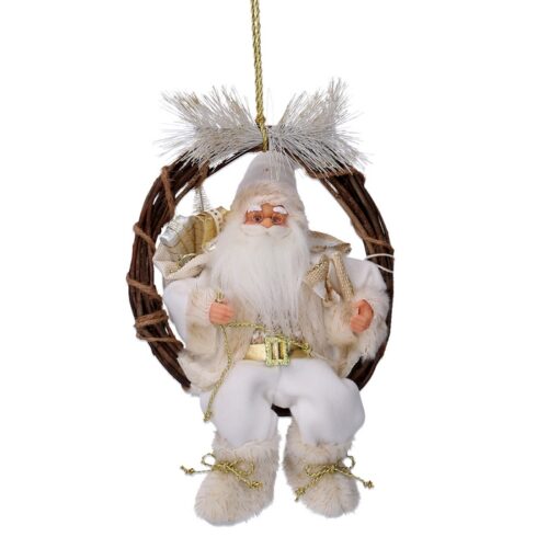 Babbo Natale su ghirlanda bianco e oro - Babbo natalesu ghirlanda con altre decorazioni. Prodotto realizzato in tessuto. Col