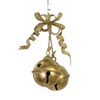 Campanello per decorazione natalizia - Campanello natalizio realizzato in metallo di colore oro. Presenta un fiocco decorati