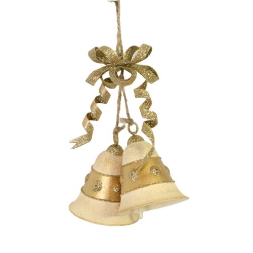 Campana per decorazione natalizia - Campana natalizia realizzato in metallo di colore oro. Presenta un fiocco decorativo nel
