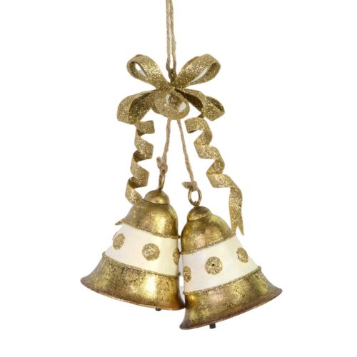 Campana per decorazione natalizia - Campana natalizia realizzato in metallo di colore oro. Presenta un fiocco decorativo nel