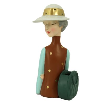 Statua in resina donna con borsa portavasi 36 cm - Statua donna decorativa realizzata in resina. Colore marrone.Statua donna