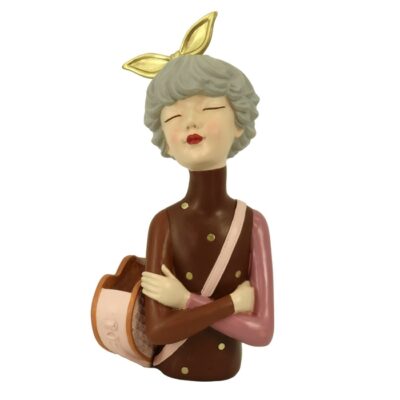 Statua in resina donna con borsa portafiori 35 cm - Statua donna decorativa realizzata in resina. Colore marrone con borsa p