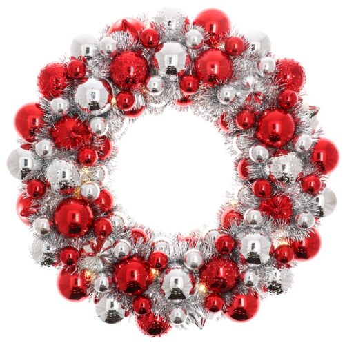 Ghirlanda natalizia con LED argento rosso e bianco - Ghirlanda natalizia con palle di natale rossa e bianca con luci LED. La
