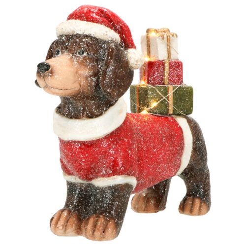 Cane con regali per decorazione natalizia con LED - Cane decorazione natalizia con cappello di babbo natale, regali e LED. Q