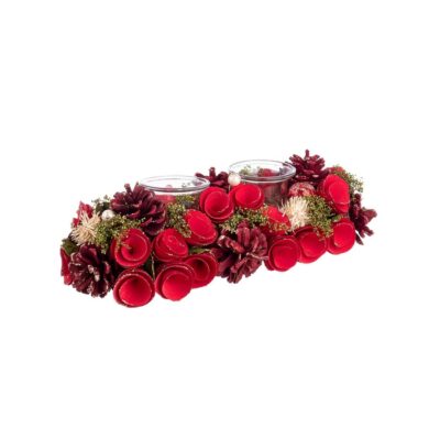 Portacandela rettangolare 2 fuochi con pigne e fiori rossi - Becky - Sappiamo quanto le festività natalizie rappresentino pe