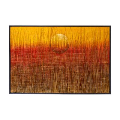 Quadro tramonto con cornice legno - Quadro tramonto in palude sfondo giallo con cornice legno nera dimensioni 150x5x100 cm.Q
