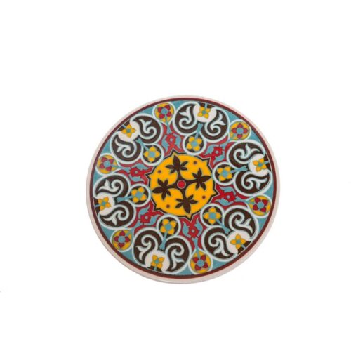 Sottopentola rotondo decorato a mano in ceramica - Sottopentola in ceramica dipinta a mano con forma smerlata, multicolor. D