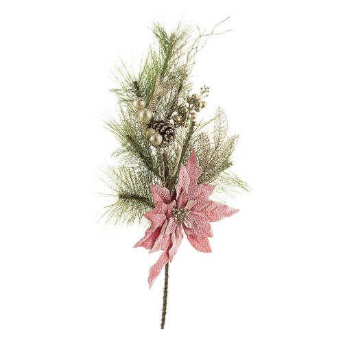 Ramo per decorazione natalizia con fiore di poinsettia rosa e aghi di pino 70 cm - Annabel - Ramo per decorazione natalizia