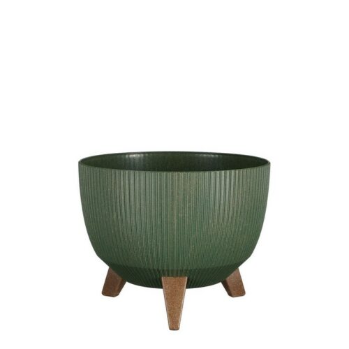 Porta-vaso rotondo con gambe in legno - Doppio vaso con supporto decorativo è realizzato in plastica riciclata. Le tre gambe